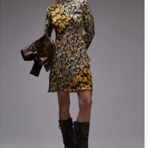 Topshop Black and Yellow Floral Long Sleeve Dress